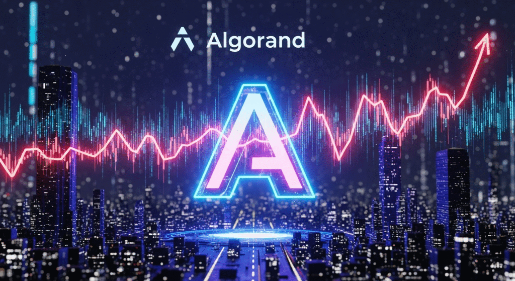 Algorand cryptocurrency digital finance concept, glowing ALGO symbol with rising stock graph over cityscape at night, innovative blockchain technology, crypto trading, modern financial markets, Daily Coine.