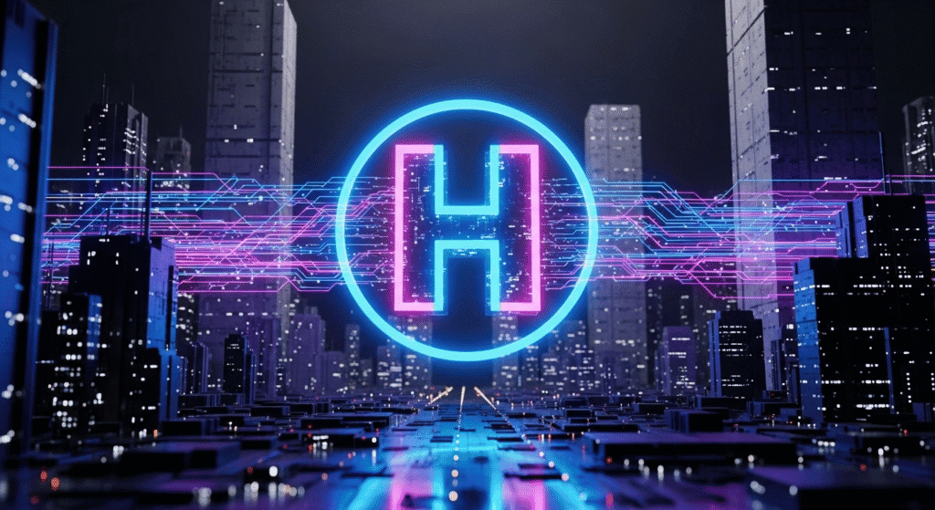 Hype Token neon digital symbol with cityscape background, representing cryptocurrency innovation, blockchain technology, and digital assets in a futuristic urban environment.