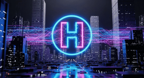 Hype Token neon digital symbol with cityscape background, representing cryptocurrency innovation, blockchain technology, and digital assets in a futuristic urban environment.
