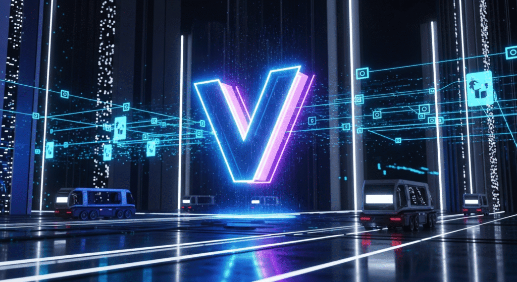 V logo in a digital futuristic cityscape representing virtual currency and blockchain technology.