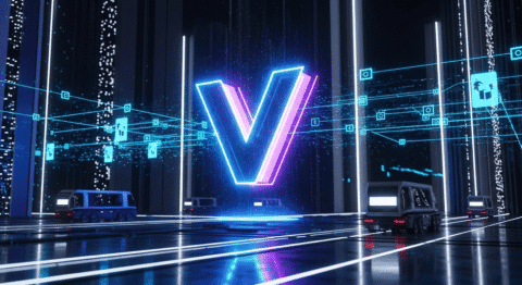 V logo in a digital futuristic cityscape representing virtual currency and blockchain technology.