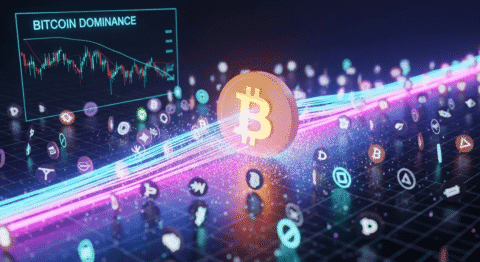 Bitcoin dominance chart with colorful digital crypto icons and a glowing Bitcoin symbol, representing cryptocurrency trading and market analysis for digital assets and blockchain technology.