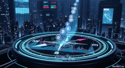 Cryptocurrency market analysis with Bitcoin icons and financial data visualization on a futuristic digital compass, symbolizing crypto trading and blockchain technology trends.