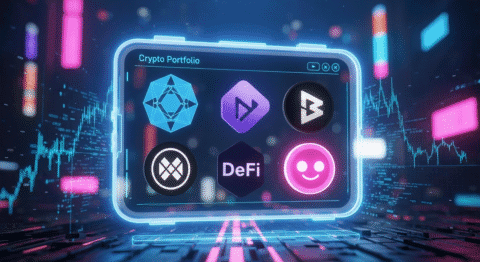 Cryptocurrency portfolio digital assets lineup with DeFi and blockchain icons.
